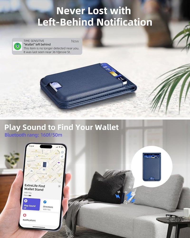 ExtreLife for Magsafe Wallet, Works with Apple Find My, Strongest Magnetic Wallet for iPhone 17/16/15/14/13/12 Series, Adjustable Stand, WalletTracker, 6 Cards Holder, Vegan Leather, Blue - Image 3